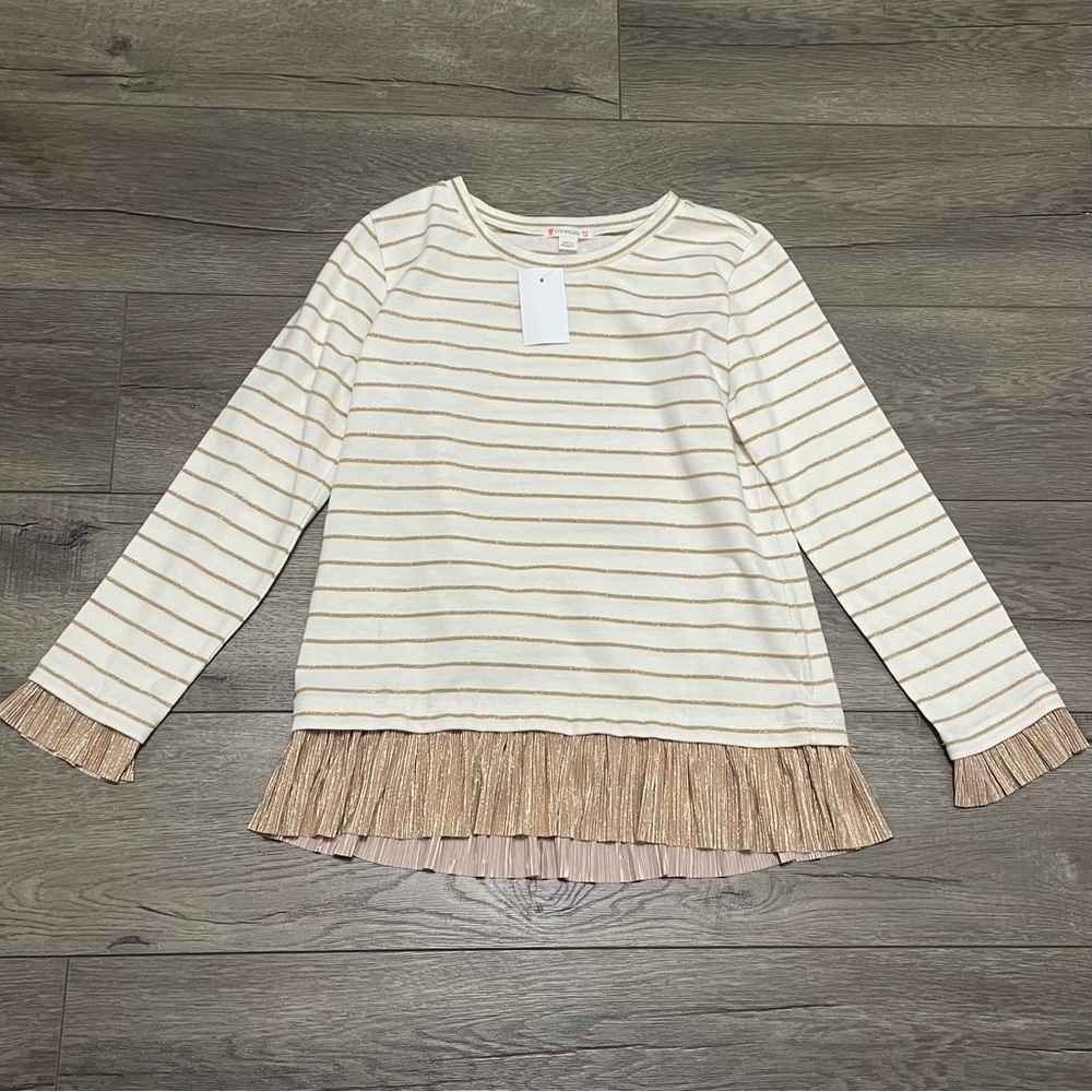 Crewcuts Girls T Shirt Cotton Ivory Gold Striped Long Sleeve Crew Neck Sz 12 NWT